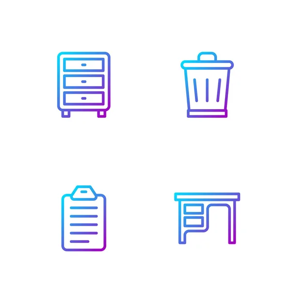 Establecer la línea Escritorio de oficina, Para hacer la lista o la planificación, Documento de archivo cajón y Papelera puede. Iconos de color degradado. Vector — Vector de stock