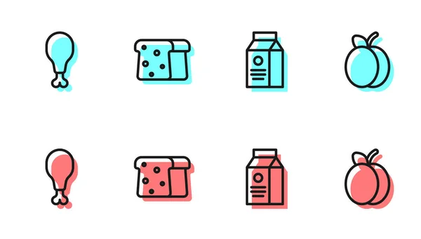 Set line aper pakket voor melk, kippenpoot, brood toast en Pruimenfruit icoon. Vector — Stockvector