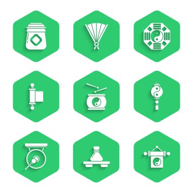 Çin davulları, hamur köfteleri, Yin Yang, Gong, Decree, kağıt, parşömen, parşömen ve bal ikonu. Vektör