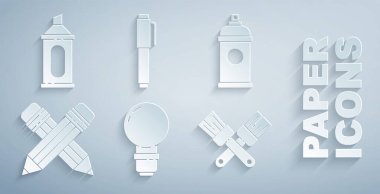 Ampul boyası boya kutusunu silgi fırçası, kalem ve işaret simgesi ile çaprazla. Vektör.