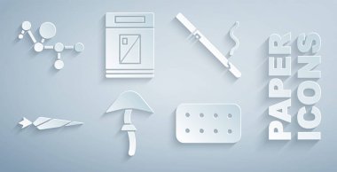 Psilocybin mantarı, marihuana, eklem marihuana, su toplaması, sigara kutusu ve kenevir molekül ikonu hazırlayın. Vektör.