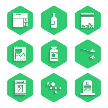 İlaç şişesi ve hapları hazırla. Kenevir molekülü Tombstone 'da RIP yazılı eroin kaşık sigara paketi, LSD asit damgalı plastik uyuşturucu torbası ve çevrimiçi uyuşturucu ikonu satın alma. Vektör.