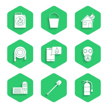 911 'i arayın. Yangın söndürücü gaz maskesi yangın söndürme maskesini, yangın söndürme hortumu evini ve yanıcı sıvı ikonu için teneke kutuyu arayın. Vektör.