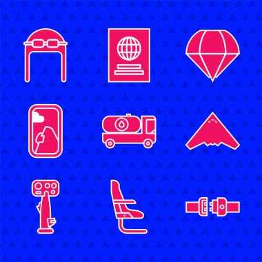 Yakıt tankeri, uçak koltuğu, emniyet kemeri, Jet savaş uçağı dümeni, pencere, paraşüt ve gözlüklü şapka. Vektör