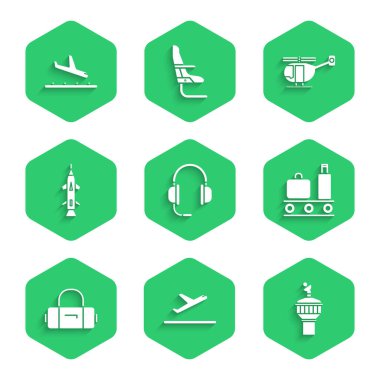 Kulaklıkları mikrofon, uçak kalkışı, Radar, havaalanı taşıyıcı bavulu, bavul, roket, helikopter ve iniş ikonu ile ayarla. Vektör