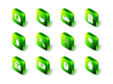 Sepet, Paskalya pastası, kurdeleli balonlar, yumurta, uzun maskeli tavşan kulakları, Kırık ve Kutlama Kart Mutlu ikonu. Vektör