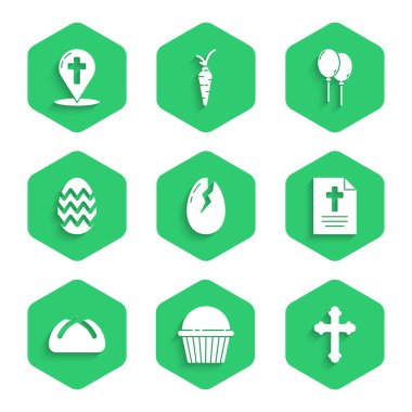 Kırık yumurta, Paskalya pastası, Hıristiyan haçı, Happy 'li tebrik kartı, Balon kurdelesi ve Hıristiyan simgesi. Vektör