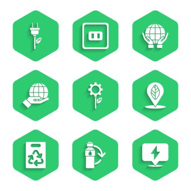 Yaprak fabrikasını vites makinesine, plastik şişeye, şimşek cıvatasına, yapraklı konuma, kağıt torba geri dönüşümüne, Dünya 'nın elini tutan küreye, Eller ve Elektrik tasarrufu simgesine ayarla. Vektör