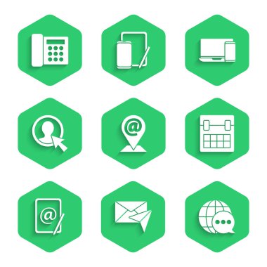 Konum ve e-posta, Zarf, Konuşma baloncuğu, Takvim, Posta, Hesap Ekranı, Monitör telefonu ve Telefon simgesinden yapılmış dünya haritasını ayarla. Vektör