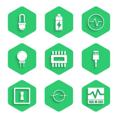 İşlemciyi mikro devreli işlemci, elektrik şeması, elektrik ölçüm aletleri, USB kablo kablosu, ışık anahtarı, ışık yayan diyot ve LED ampul simgesi ile ayarla. Vektör