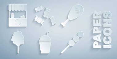 Set milkshake, tavuk budu, pamuk şeker, köfte ahşap sopa, tente ikonlu şeker ve sokak tezgahı. Vektör