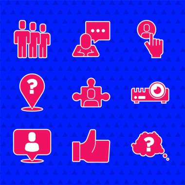 Proje ekibi tabanı, Soru İşareti, Medya Projektörü, Kafa Avı ve Kullanıcı grup simgesi. Vektör