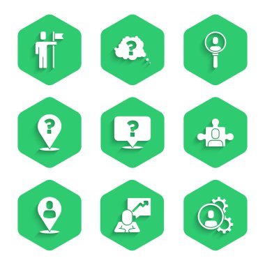 Soru işareti koy, Takım Lideri, Kafa Avcılığı, Proje Ekibi Üssü, İşçi Konumu, İnsanları ve ikonu Ara. Vektör