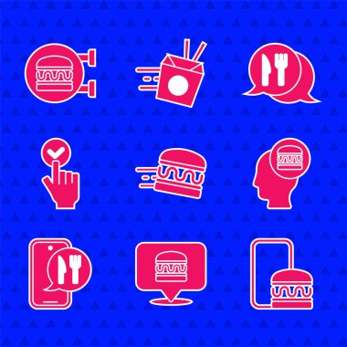 Çevrimiçi hamburger siparişi ver ve Cafe restoranının yerini ve ikonunu söyle. Vektör