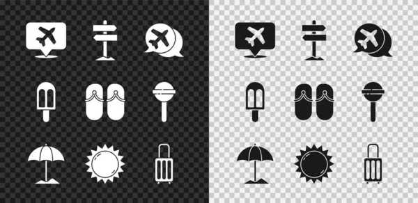Set Sprechblase Mit Flugzeug Verkehrszeichen Sonnenschirm Für Strand Koffer Eis — Stockvektor