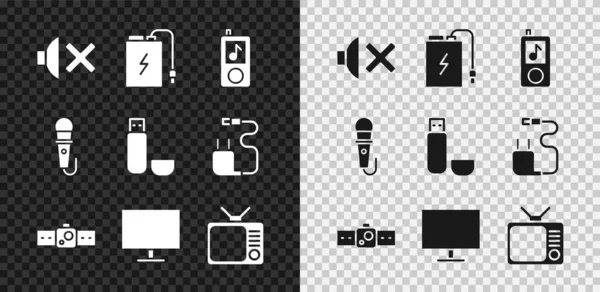 スピーカーミュート 充電ケーブル付き電源バンク 音楽プレーヤー スマートウォッチ コンピュータモニタ画面 レトロテレビ マイクとUsbフラッシュドライブのアイコンを設定します ベクトル — ストックベクタ