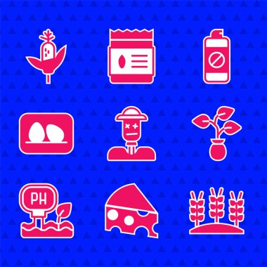 Korkuluk, peynir, buğday, bitki, toprak fizyolojisi testi, tavuk yumurtası, gübre ve mısır ikonu için bahçe spreyi. Vektör