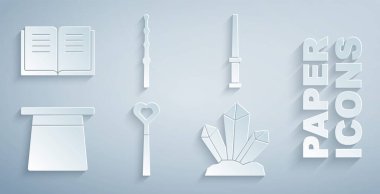 Sihirli değnek, şapka, taş ve Eskiler 'in sihirli kitap ikonu. Vektör