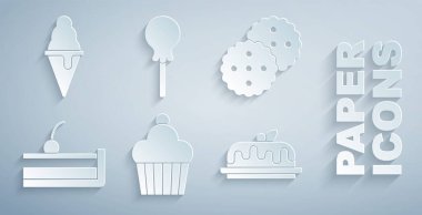 Pasta, kurabiye ya da bisküvi, kirazlı cheesecake, lolipop ve dondurmayı waffle külahında hazırla. Vektör