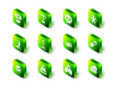 Ortaçağ kadehi, Kafatası, Voodoo bebeği, iksirli şişe, bilet, ateş topu, manto, pelerin, pelerin ve mason simgesi. Vektör