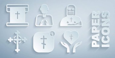 Online kilise papazı vaaz veriyor, şövalye savaşçısı, Hıristiyan haçı, dindar kalp, dua eden eller ve Hıristiyan ikonuyla bayrak. Vektör