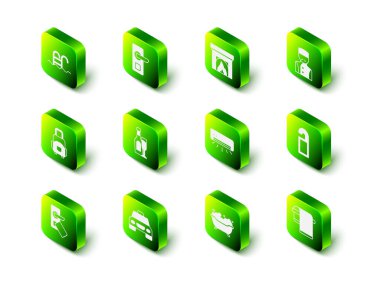 Dijital kapı kilidini, şömineyi, kapıcıyı, lütfen rahatsız etmeyin, havluyu, klimayı, küveti ve taksi ikonunu ayarlayın. Vektör