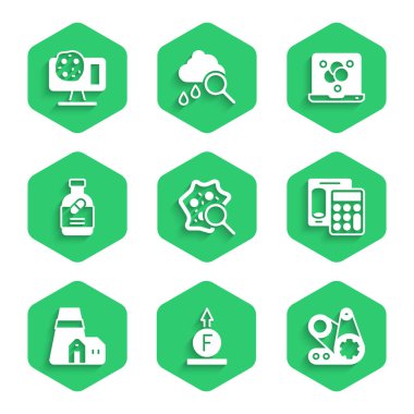 Mikroorganizmaları büyüteç, fizik formülü gücü, zamanlama kemer kiti, hesap makinesi, elektrik santrali, ilaç şişesi ve haplar, Kimyasal ve Genetik mühendislik ikonu altında ayarla. Vektör