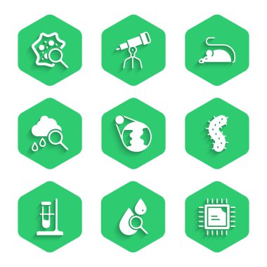 Dünya küresi, damla ve büyüteç, işlemci işlemci işlemcisi, virüs, test tüpü, yağmur bulutu, deneysel fare ve mikroorganizmaları büyüteç simgesi altında hazırlayın. Vektör