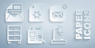 Belgeyi grafik tablosu, Zarf, Arşiv kağıtları çekmecesi, Tablo lambası, ayarlar ve e- posta simgesi ile ayarla. Vektör