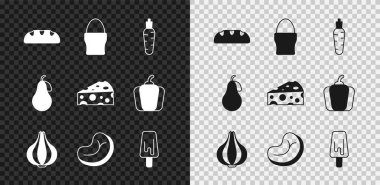 Ekmek, tavuk yumurtası, havuç, sarımsak, biftek, dondurma, armut ve peynir ikonu. Vektör