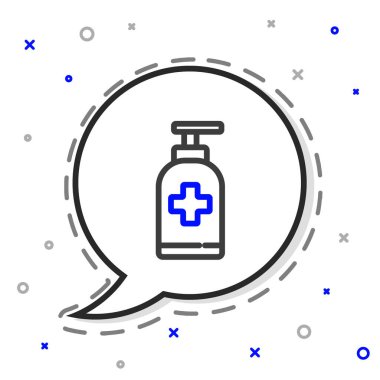 Beyaz arka planda izole edilmiş şeker ikonu içeren sıvı antibakteriyel sabun hattı. Antiseptik. Dezenfeksiyon, hijyen, cilt bakımı. Renkli taslak konsepti. Vektör İllüstrasyonu