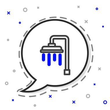 Beyaz zemin üzerinde su damlaları akan ikon olan çizgi duş başlığı izole edildi. Renkli taslak konsepti. Vektör