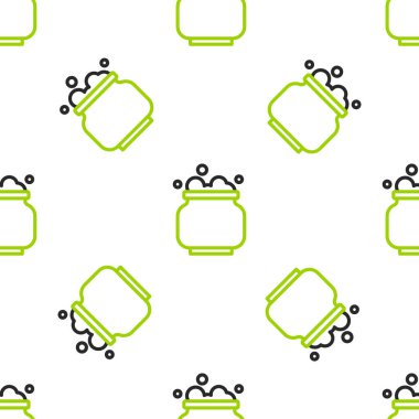 Çizgi cadısı kazan simgesi beyaz arkaplandaki kusursuz deseni izole etti. Mutlu Cadılar Bayramı Partisi. Vektör