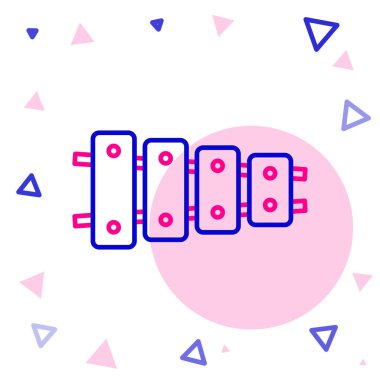 Hat Ksilofon - 13 tahta çubuklu müzik aleti ve beyaz arka planda iki perküsyon tokmağı ikonu. Renkli taslak konsepti. Vektör