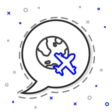 Uçan uçak ikonuna sahip Line Globe beyaz arka planda izole edildi. Uçak Dünya 'nın etrafında uçuyor. Uçak dünyası ikonu. Renkli taslak konsepti. Vektör