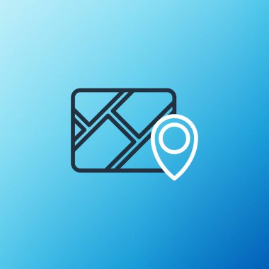 Şehir haritası gezinme simgesinin çizgi bilgileri mavi arkaplanda izole edildi. Mobil Uygulama Arayüzü tasarımı. Coğrafi konsept. Renkli taslak konsepti. Vektör