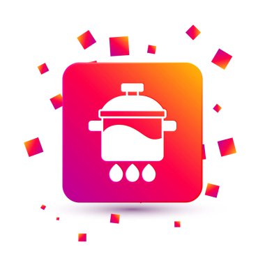 Beyaz arka planda izole edilmiş beyaz tencere ikonu. Haşlama ya da güveç besin sembolü. Kare renk düğmesi. Vektör