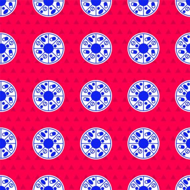 İlaç kapsülü ikonunun mavi vitamin kompleksi kırmızı zemin üzerinde izole edilmiş kusursuz desen. Sağlıklı bir yaşam tarzı. Vektör