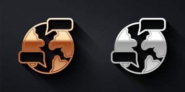 Siyah arkaplanda izole edilmiş altın ve gümüş dünya ikonu. Yerküreye iğnele. Uzun gölge tarzı. Vektör