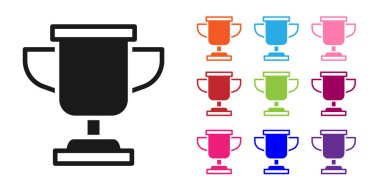 Beyaz arka planda siyah ödül kupa simgesi izole. Galibiyet ödülü sembolü. Şampiyonluk ya da yarışma kupası. Spor başarısı işareti. Simgeleri renklendirin. Vektör