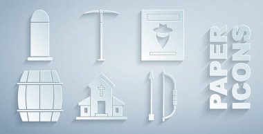 Kilise binası, aranıyor batı posteri, tahta fıçı, ok ve yay, kazma ve kurşun ikonu. Vektör