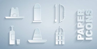 Meksika şapkası, ok ve yay, viski şişesi, dinamit bombası çubuğu, kurşun ve batı kovboy ikonu. Vektör