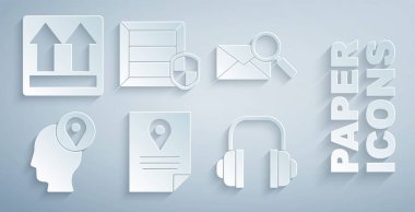 Belge izleme işaretleme sistemini, büyüteçle zarfı, karton kutular, kulaklıklar, güvenlik kalkanı ve bu kenar simgesini ayarlayın. Vektör