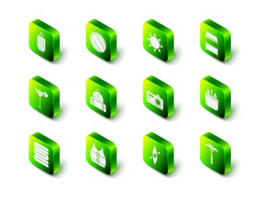 Plaj topu, güneş, tenteli sokak tezgahı serinletici çanta ve su, tropikal palmiye, fotoğraf makinesi, kano veya kano küreği ve can yeleği ikonu. Vektör