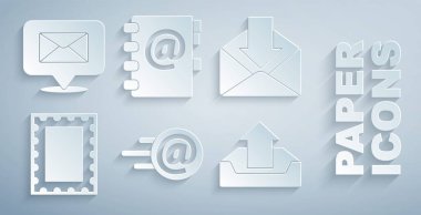 Posta ve e-posta, Zarf, Posta pulu, Gelen Kutusu, Adres Defteri ve Konuşma baloncuğunu zarf simgesi ile ayarla. Vektör