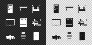 Kapalı kapı, tahta masa, bebek karyolası beşik yatak, avize, sandalye, gardırop, resim çerçevesi ve ikon. Vektör
