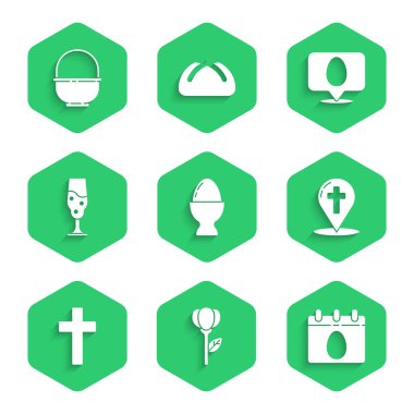 Kürsüye Paskalya yumurtası, çiçek lalesi, takvim, harita işaretçisi Hıristiyan haçı, Christian, şarap bardağı, konuşma balonu paskalya ve sepet ikonu koyun. Vektör