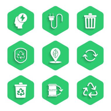 Konumu yaprak, Eko yakıt varili, Geri Dönüşüm sembolü, Yenileme, çöp geri dönüşümü, iç kalkan, çöp kutusu ve kafa ve elektrik ikonu ile ayarla. Vektör