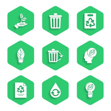 Geri dönüşüm kutusunu geri dönüşüm, temiz su, ampul yaprağı, içinde insan kafası, kağıt, torba ve bitki el simgesi ile ayarla. Vektör