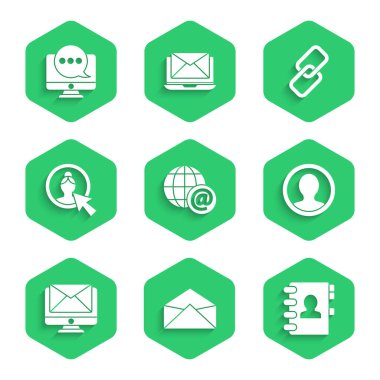 Dünya küresini posta, Zarf, Adres Defteri, Hesap Ekranı, Monitör ve Zarf, Zincir bağlantısı ve Sohbet ileti bildirim simgesi ile ayarla. Vektör